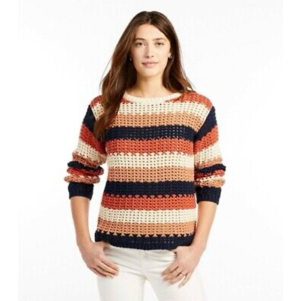LL Bean Signature Bailey Island Cotton Striped
Fisherman Sweater Knit Crochet L
